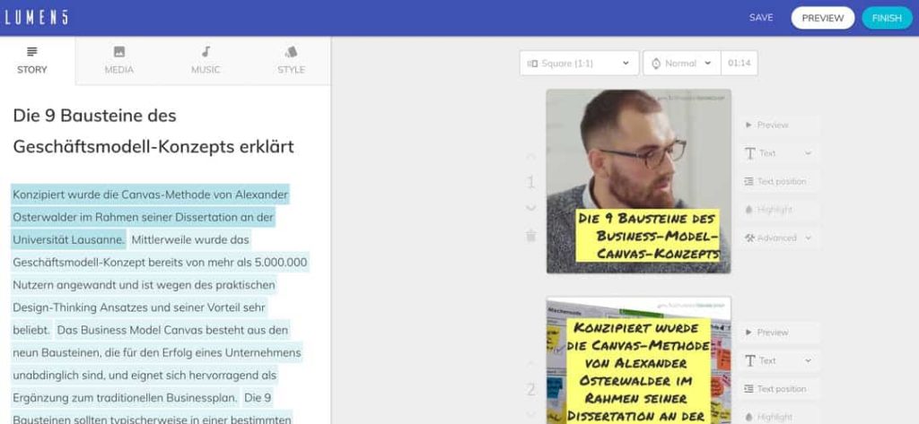 Screenshot zeigt LUMEN5 mit einem Video für https://geschaeftsmodell-workshop.de/