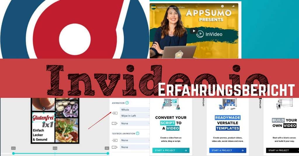 collage mit screenshots der webseiten appsumo und invideo sowie das nischenbootstrapping logo in blau,rot,weiß