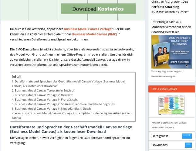 Aufbau der Downloadseite für kostenlose Business Canvas Vorlagen auf der Seite: https://geschaeftsmodell-workshop.de/